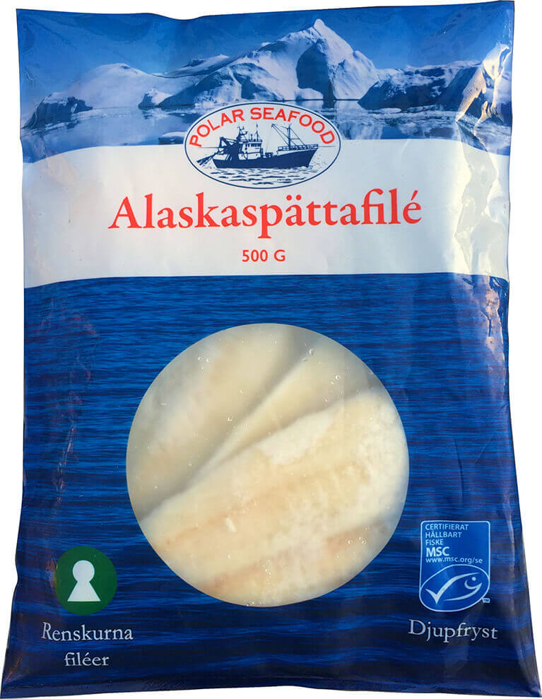 Alaskaspätta är en av de MSC Certifierade fiskprodukter som Polar Seafood tillhandahåller till livsmedelsbutiker.